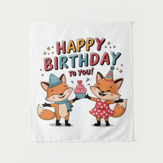 Alles Gute zum Geburtstag Füchse Wandteppich (Vorderseite)