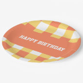Alles Gute zum Geburtstag, gelber Gingham Pappteller (Schrägansicht)