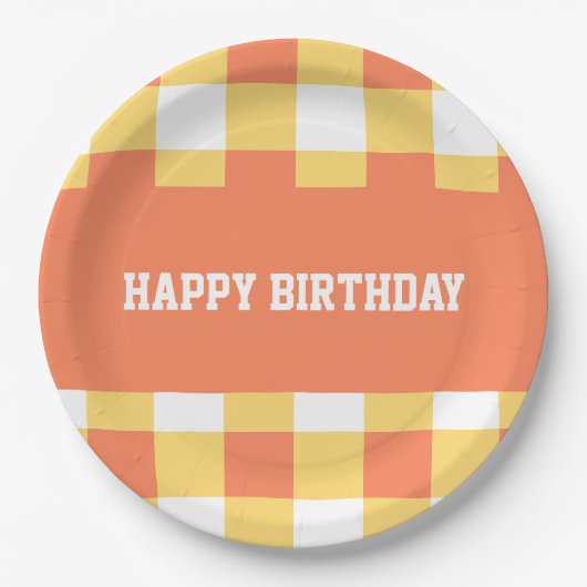 Alles Gute zum Geburtstag, gelber Gingham Pappteller (Vorderseite)