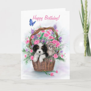 Alles Gute zum Geburtstag, Hund und Katze im Blume Karte