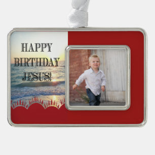 Alles Gute zum Geburtstag Jesus Über dem Ozean Rahmen-Ornament Silber