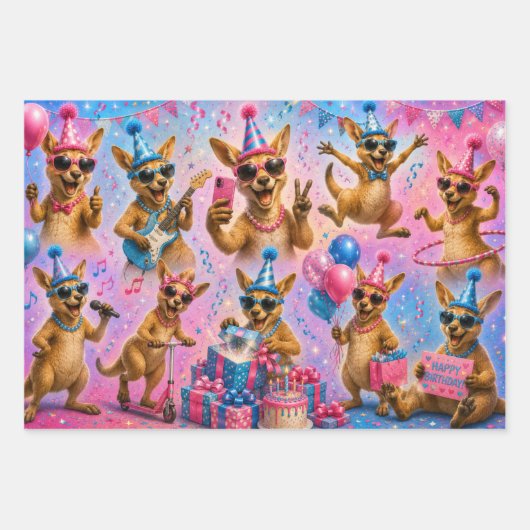Alles Gute zum Geburtstag Känguru-Designblätter Geschenkpapier Set (Vorderseite)