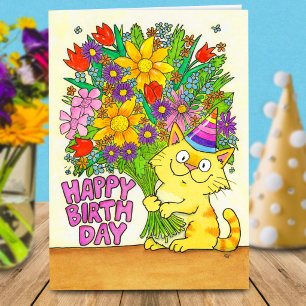 Alles Gute zum Geburtstag Katze mit Blumen Gruß Karte
