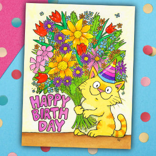 Alles Gute zum Geburtstag Katze mit Blumen Postkarte