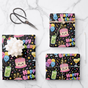 Alles Gute zum Geburtstag Kawaii Kunstparty Geschenkpapier Set