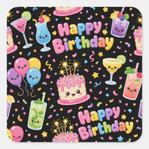 Alles Gute zum Geburtstag Kawaii Kunstparty Quadratischer Aufkleber