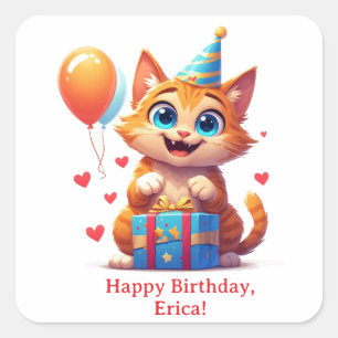 Alles Gute zum Geburtstag Kitty mit Partyhut 🐱 Quadratischer Aufkleber
