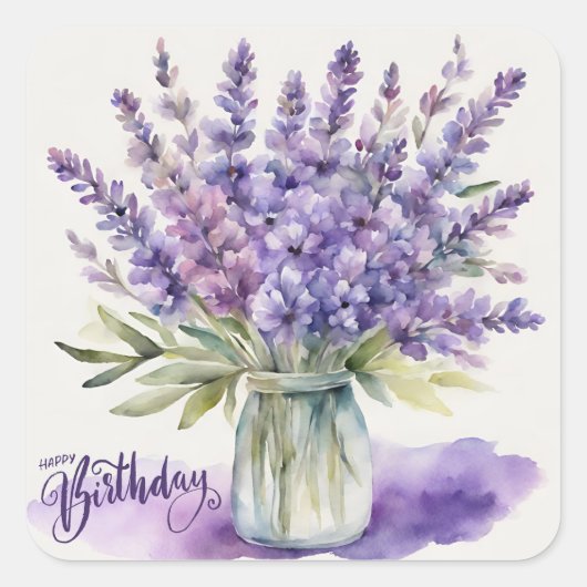 Alles Gute zum Geburtstag Lavendelblumen im Glas A Quadratischer Aufkleber (Vorderseite)