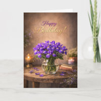 Alles Gute zum Geburtstag, lila Iris Kerzenlicht