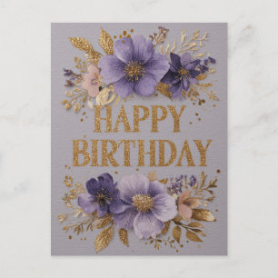Alles Gute zum Geburtstag mit lila Blumen und Glit Postkarte