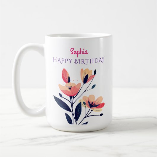 Alles Gute zum Geburtstag, Name, Blume, Weiß Kaffeetasse (Links)