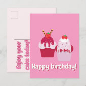 Alles Gute zum Geburtstag - Niedliche Rosa Erdbeer Postkarte (Vorne/Hinten)