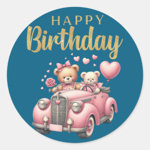 Alles Gute zum Geburtstag Pink Auto und Bären Aufk Runder Aufkleber