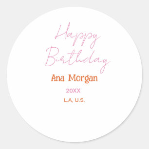 ALLES GUTE ZUM GEBURTSTAG PINK ORANGE NAME EINFACH RUNDER AUFKLEBER