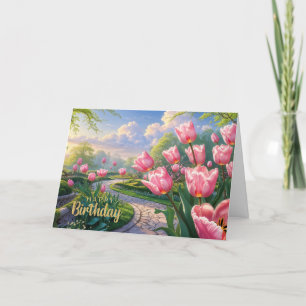 Alles Gute zum Geburtstag Pink Tulip Garden im Frü Dankeskarte