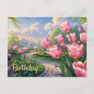 Alles Gute zum Geburtstag Pink Tulip Garden im Frü Postkarte