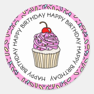 Alles Gute zum Geburtstag Pink und Vanille Cupcake Runder Aufkleber