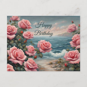 Alles Gute zum Geburtstag Pinke Rosen am Ozean Postkarte