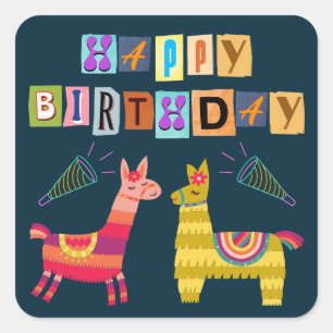 Alles Gute zum Geburtstag Retro Lama mit Papierbuc Quadratischer Aufkleber