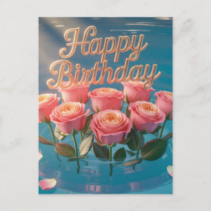 "Alles Gute zum Geburtstag" rosa Rosen auf blauem Postkarte