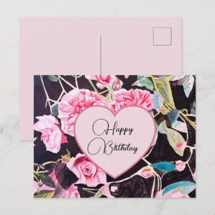 Alles Gute zum Geburtstag Rose floral Pink Schwarz Postkarte