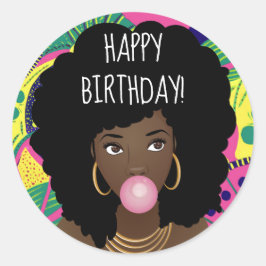 Alles Gute zum Geburtstag! Schwarze Frau, Bubblegu Runder Aufkleber