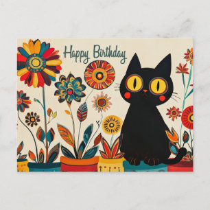 Alles Gute zum Geburtstag schwarze Katze mit Blume Postkarte
