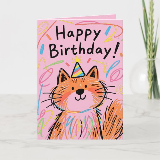 Alles Gute zum Geburtstag Scribble Cat Karte Pink (Vorderseite)
