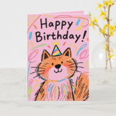 Alles Gute zum Geburtstag Scribble Cat Karte Pink (Gelbe Blume)