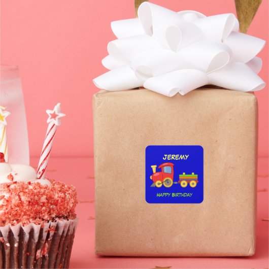 Alles Gute zum Geburtstag, Spielzeugzug, Vorlage, Quadratischer Aufkleber (Party)
