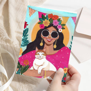 Alles Gute zum Geburtstag Stilvolle Frau mit Katze Karte