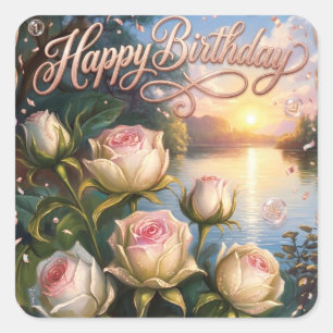 Alles Gute zum Geburtstag Sunset Lake mit Rosen Quadratischer Aufkleber