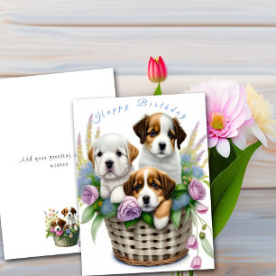 Alles Gute zum Geburtstag Süße Welpen im Blumenkor Karte