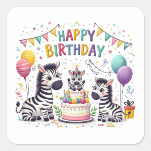 Alles Gute zum Geburtstag Süße Zebras feiern  Quadratischer Aufkleber
