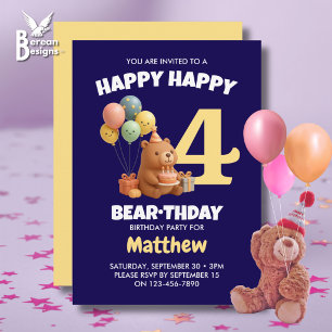 ALLES GUTE ZUM GEBURTSTAG Süßer Teddybär 4. Geburt Einladung