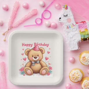 Alles Gute zum Geburtstag Süßer Teddybär mit rosa  Pappteller