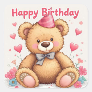 Alles Gute zum Geburtstag Süßer Teddybär mit rosa  Quadratischer Aufkleber