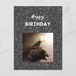 Alles Gute zum Geburtstag. Tuxedo-Katze mit einer  Postkarte