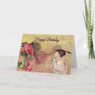 Alles Gute zum Geburtstag Vintage-Dame mit Rosen Karte