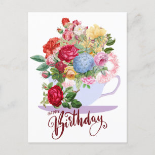 Alles Gute zum Geburtstag, Vintage Rose im Tea Cup Postkarte