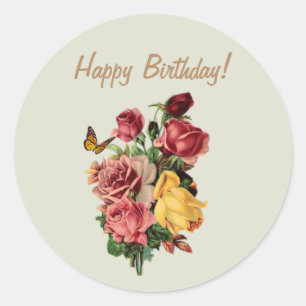 Alles Gute zum Geburtstag Vintage Rosen und Schmet Runder Aufkleber