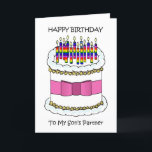 Alles Gute zum Geburtstag von Gay Sons Partner Feiertagskarte<br><div class="desc">Ein Cartoon Geburtstagskuchen mit einem rosa Bogen um ihn herum und einige Regenbogenkerzen oben. Die Worte "Happy Birthday to my Son's Partner" begleiten das Bild.</div>