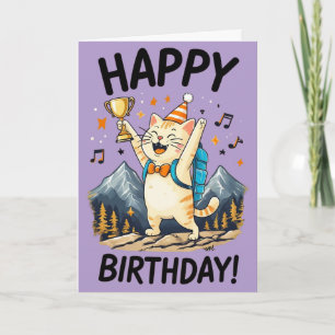 Alles Gute zum Geburtstag Wanderkatze mit Trophäe Karte