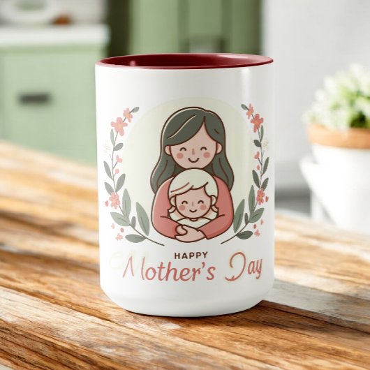 Alles Gute zum Muttertag - Umarmung von Mutter und Tasse