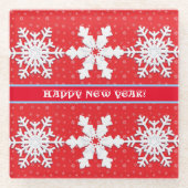 Alles Gute zum Neujahr! Winterweißer Schneeflocken Glasuntersetzer (Vorderseite)