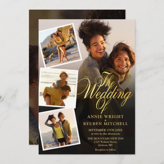 Alles in einem 5 Foto Collage Gold Script Hochzeit Einladung (Vorne/Hinten)