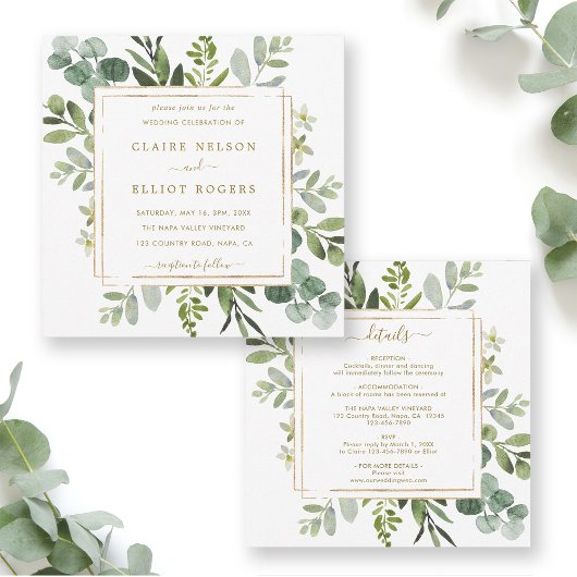 Alles in einem Botanischen goldenen Hochzeitsplatz Einladung