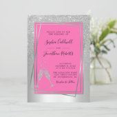 Alles in einem Champagner Pink Silver Glitzer Hoch Einladung (Stehend Vorderseite)