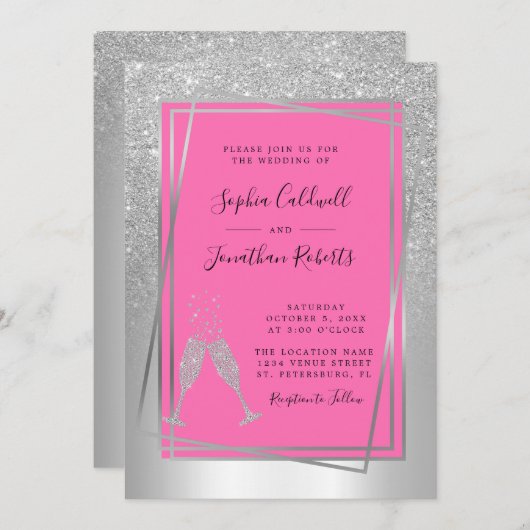 Alles in einem Champagner Pink Silver Glitzer Hoch Einladung (Vorne/Hinten)