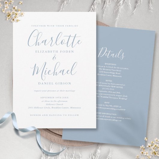 Alles in einem Dusty Blue einfach Chic Script Hoch Einladung